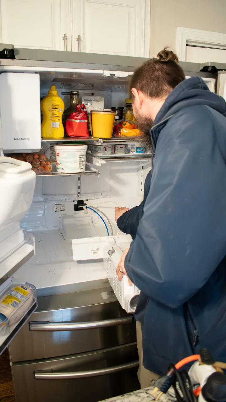 A technician working inside an open refrigerator in a home kitchen