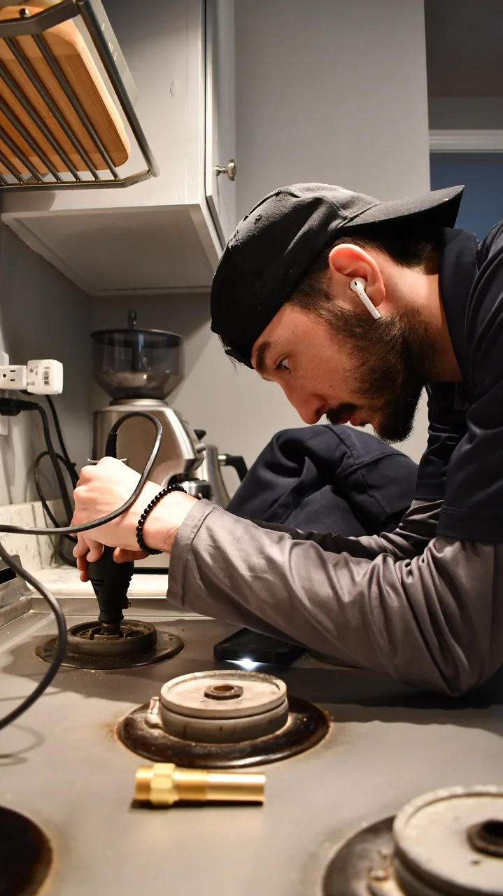 A technician in a black cap using a tool on a gas cooktop burner